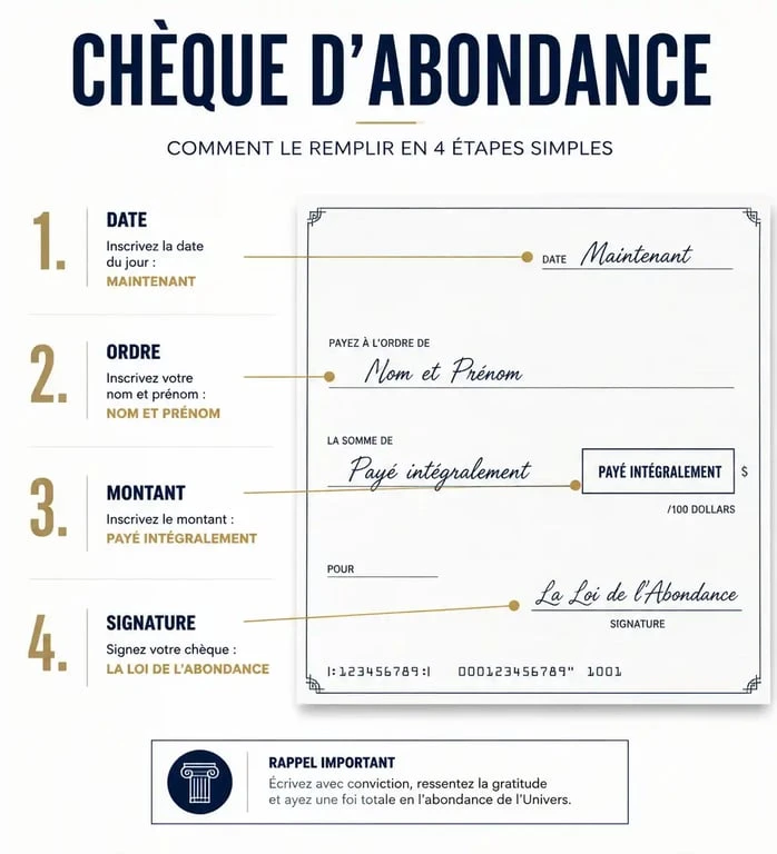 Infographie des étapes pour remplir un chèque d'abondance selon la loi de l'attraction