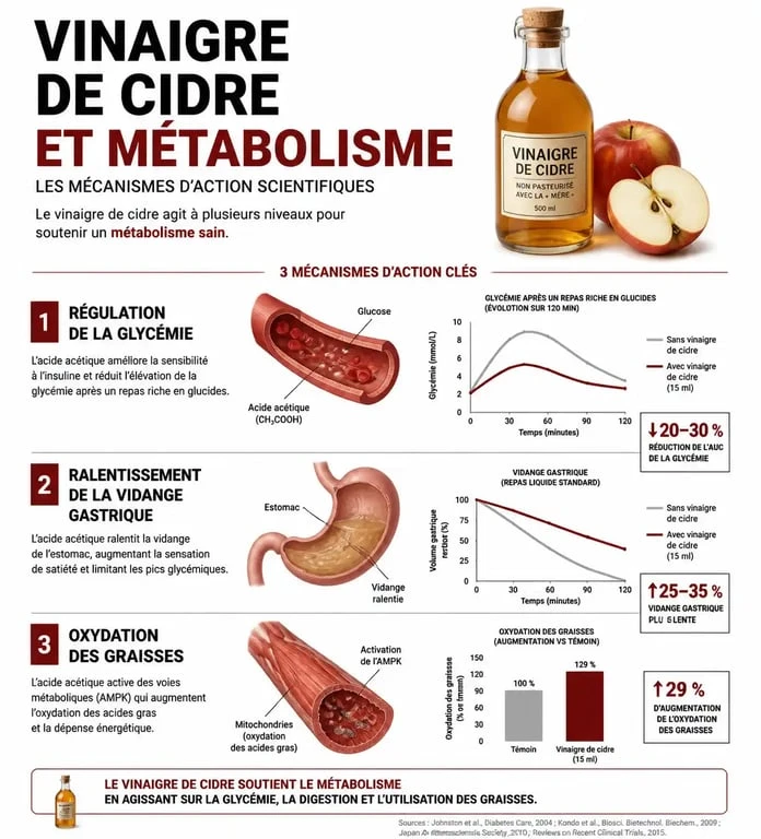 Infographie sur les mécanismes d'action du vinaigre de cidre pour perdre 10 kilos et gérer son poids