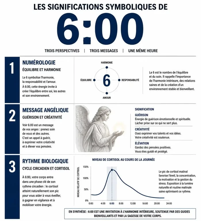 Infographie récapitulative de la signification de 6h00 : numérologie, anges et rythme biologique
