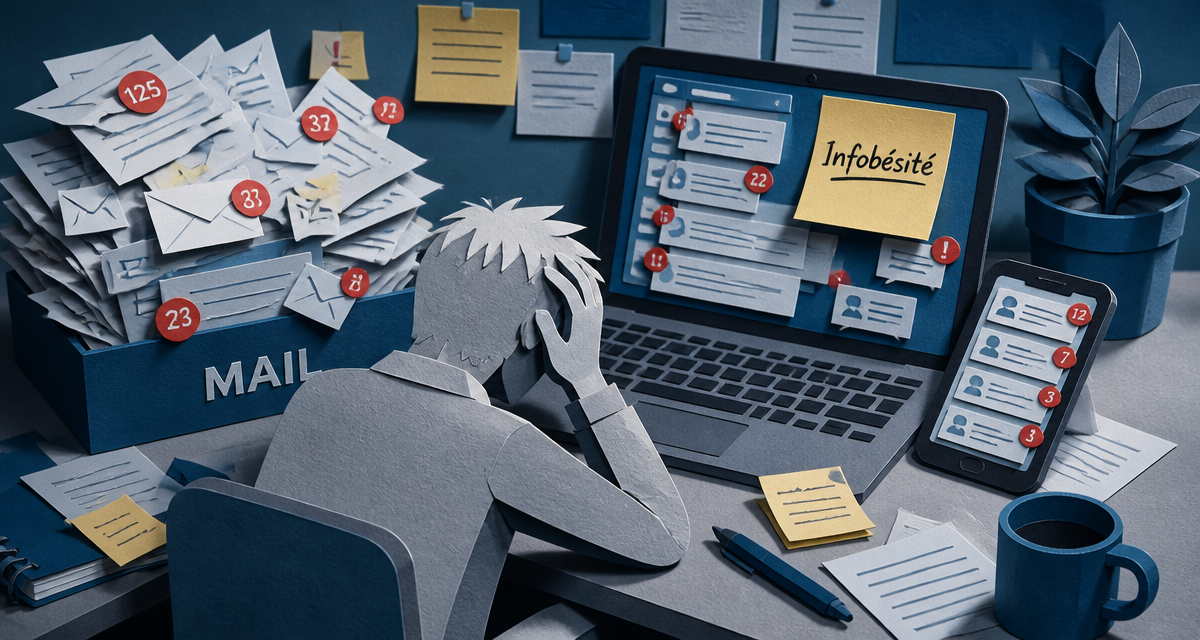 infobésité def, bureau saturé d'emails et notifications
