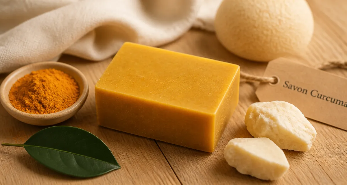 Savon curcuma sur table en bois, poudre de curcuma et beurre de karité, peau unifiée