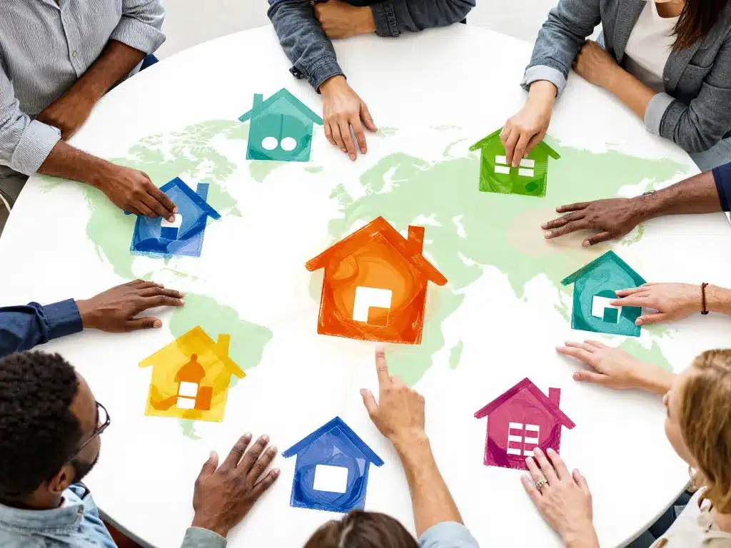 Habitatparticipatif net personnes choisissent projet sur carte maisons