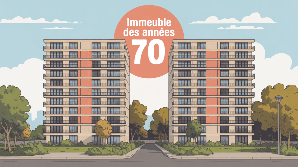 Vue façade immeuble année 70 en ville
