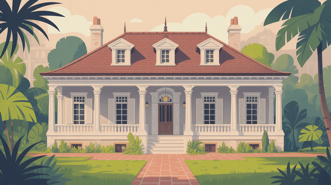 Illustration façade maison colonial typique SEO