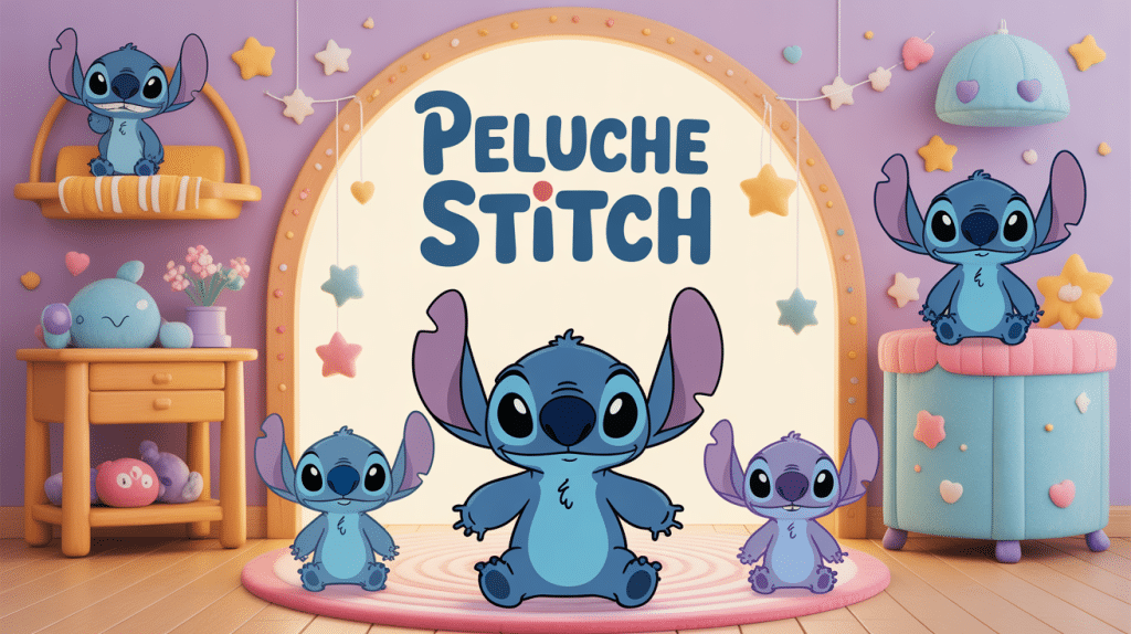 différentes stitch peluche dans décor enfantin