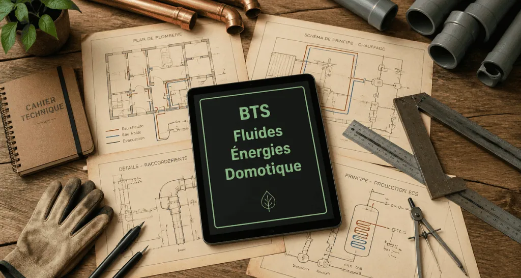 bts plomberie plans et outils sur bureau