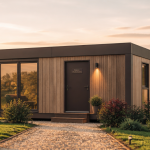 bungalow préfabriqué moderne au coucher du soleil