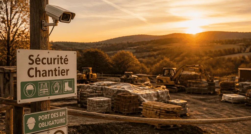 camera de chantier surveille engins sur zone de stockage
