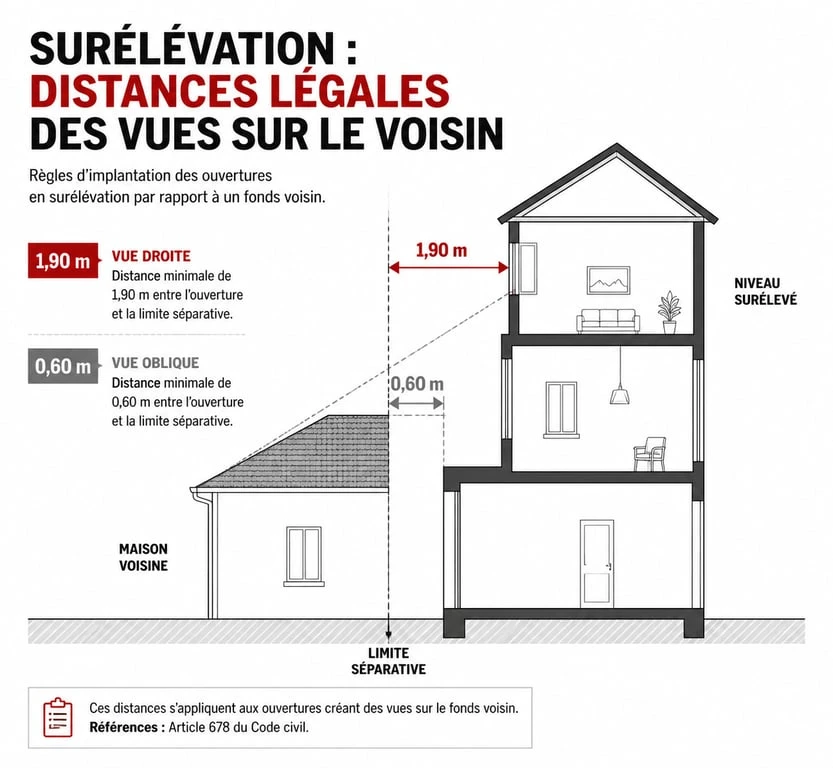 Schéma des distances légales pour une surélévation de maison et le voisinage