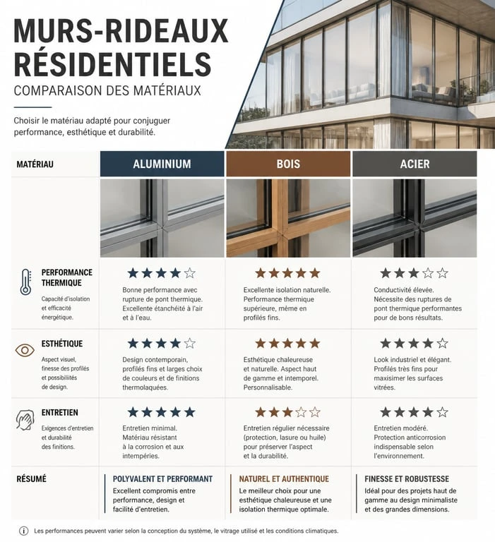 Comparatif des matériaux pour mur-rideau de maison individuelle : aluminium, bois et acier