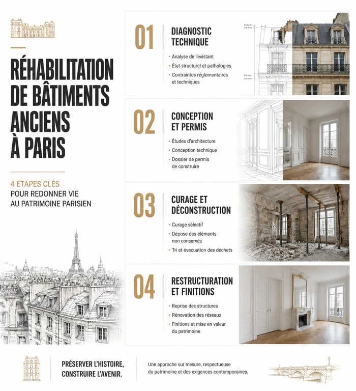 Étapes clés de la réhabilitation de bâtiments anciens à Paris