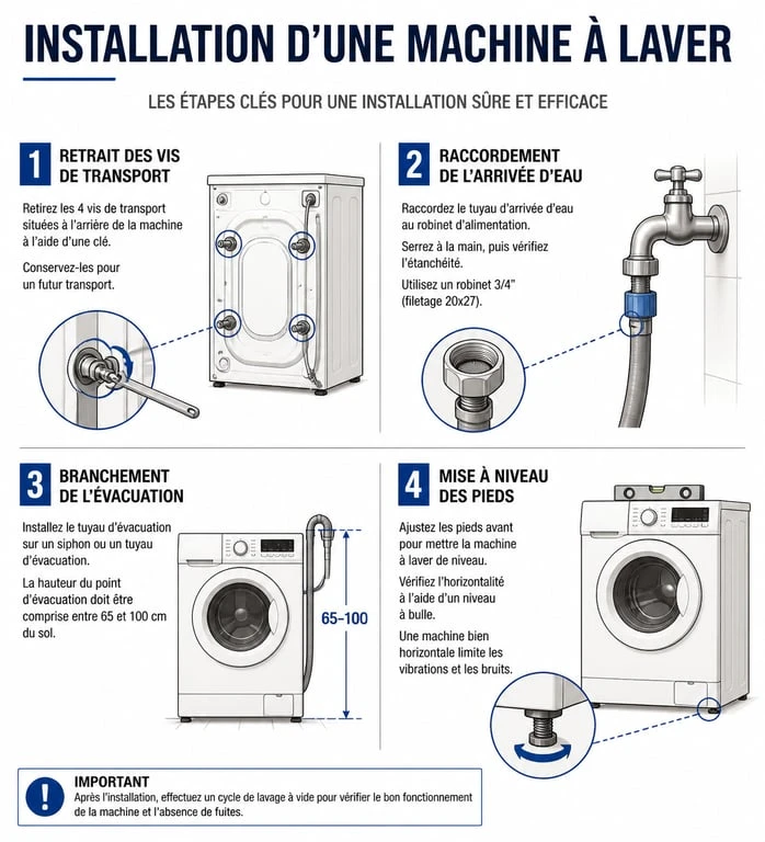 Schéma des étapes d'installation d'une machine à laver : raccordement et mise à niveau