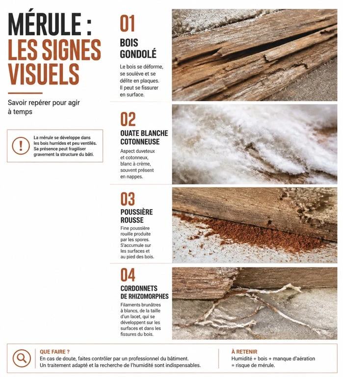 Signes visuels de la mérule sur le bois : ouate blanche et poussière rousse