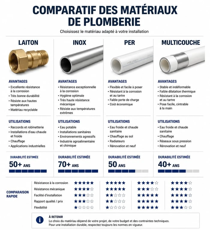 Comparatif des matériaux pour réseaux hydrauliques : Laiton, Inox, PER et Multicouche pour vos travaux de plomberie et chauffage Batievol