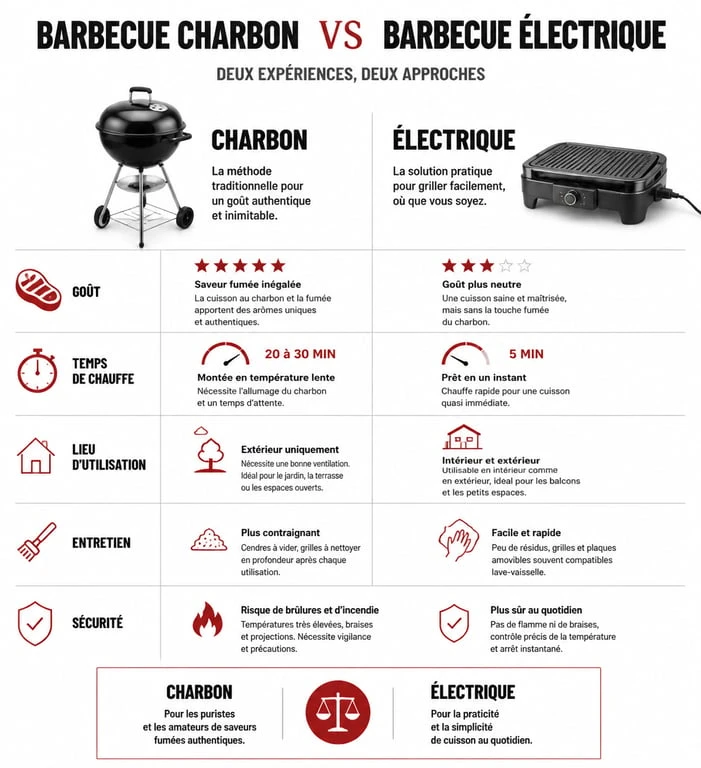 Infographie comparative des caractéristiques entre barbecue charbon ou electrique