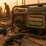 groupe electrogene chantier sur sol boueux avec outils