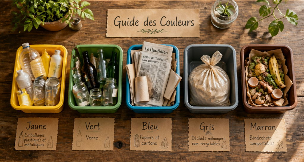 cinq bacs couleur poubelle tri selectif sur table