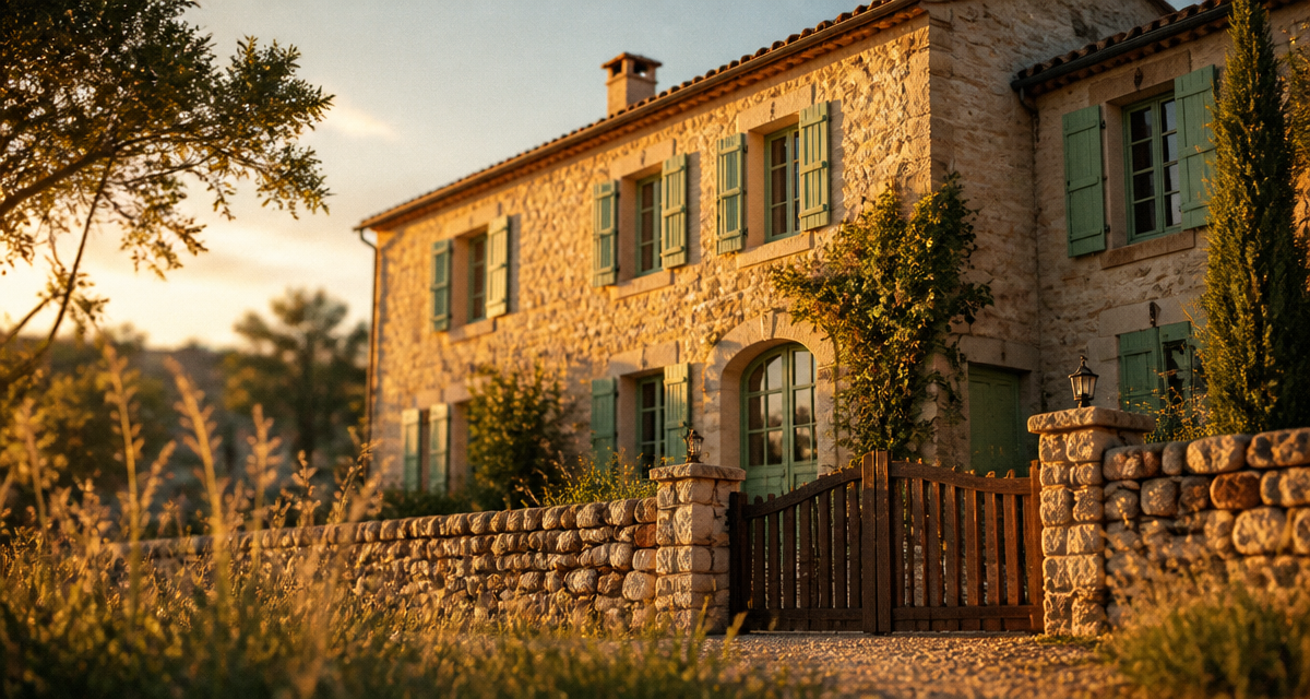 Maison pierre de taille rustique lumière dorée