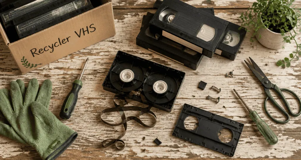 recyclage vhs cassettes sur table avec outils
