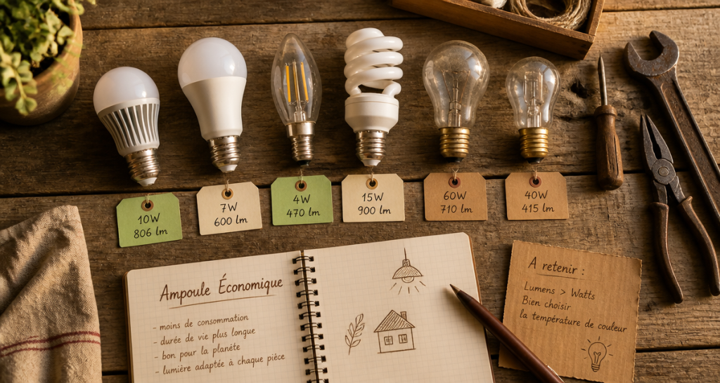 ampoule economique LED et fluocompacte sur table