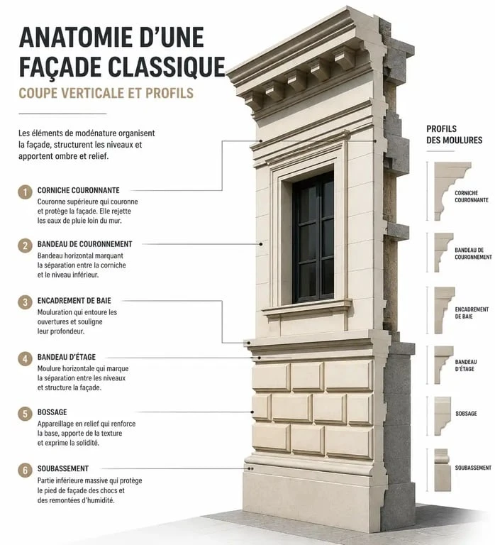Schéma technique illustrant les différents éléments de modénature sur une façade architecturale classique