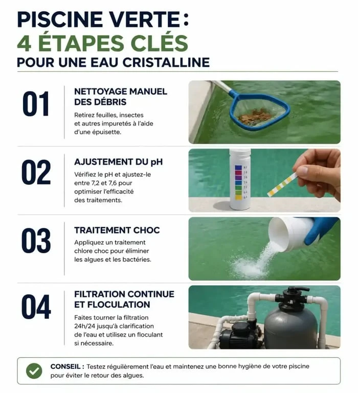 Infographie des étapes pour nettoyer une piscine verte et retrouver une eau claire