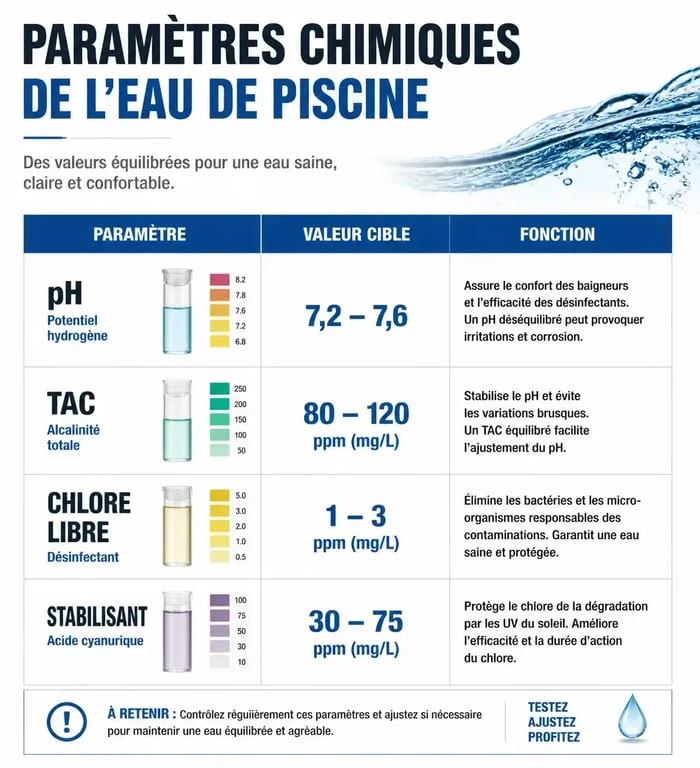 Tableau des paramètres chimiques idéaux pour une piscine sans algue verte