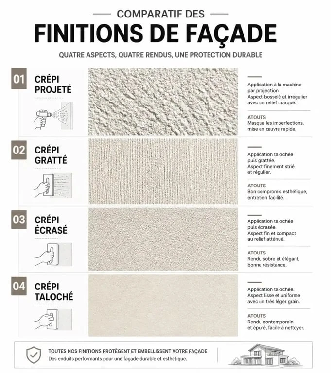 Comparatif des finitions de façade : crépi projeté, gratté, écrasé et taloché pour choisir son enduit extérieur