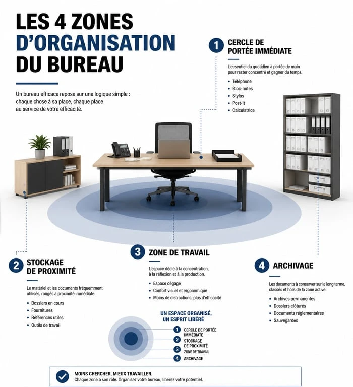Schéma des quatre zones pour organiser un bureau de manière ergonomique et productive