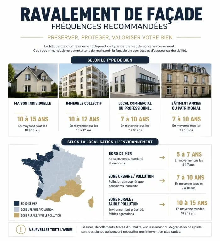 Tableau des fréquences de ravalement de façade selon le type de bien et la localisation