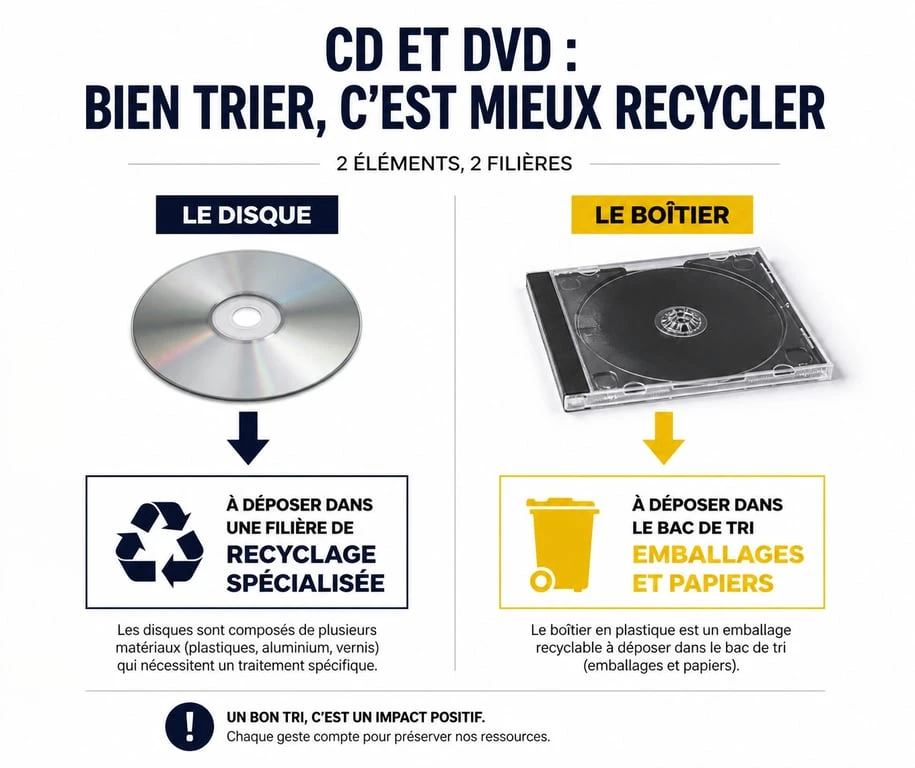 Infographie sur le tri et le recyclage des CD et DVD : où jeter ses disques et boîtiers pour respecter les consignes