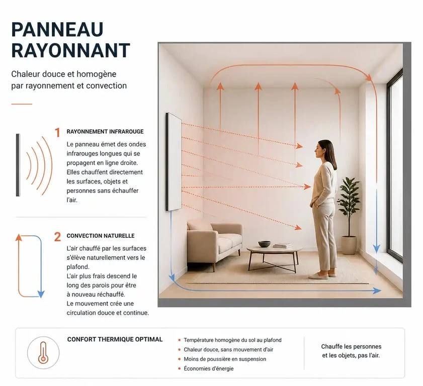 Schéma de fonctionnement d'un panneau rayonnant par rayonnement infrarouge et convection