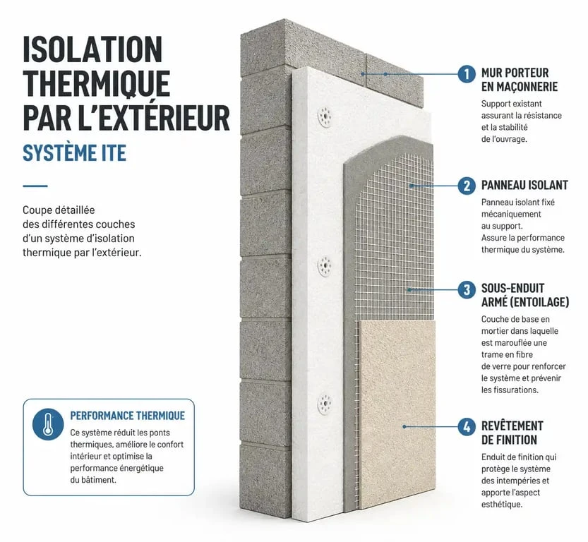 Schéma technique des couches d'une isolation thermique par l'extérieur (ITE) lors d'un ravalement de façade