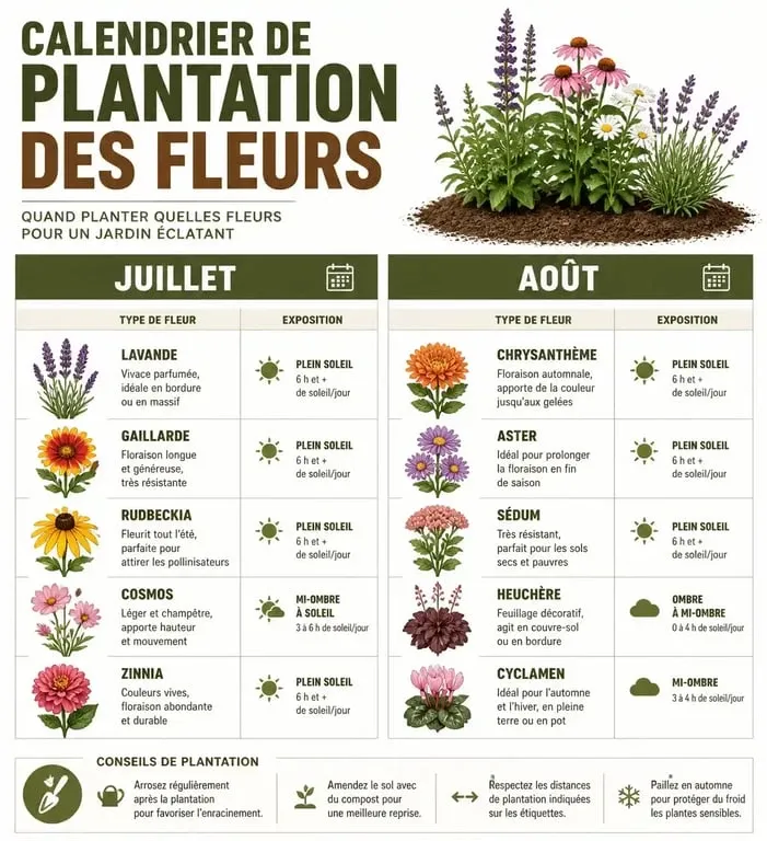 Calendrier de plantation des fleurs en juillet et août : guide pratique pour réussir vos semis et plantations estivales