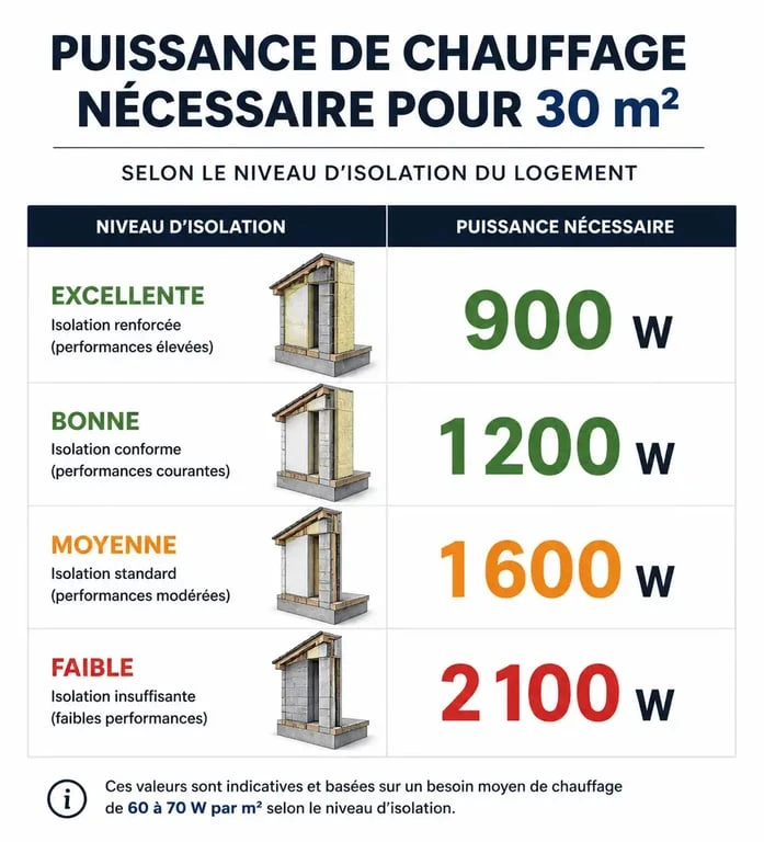 Infographie des besoins en puissance de radiateurs pour 30m2 selon l'isolation