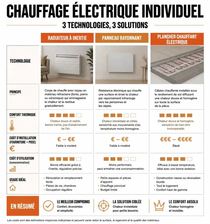 Comparatif des technologies de chauffage individuel électrique : inertie, rayonnant et plancher chauffant