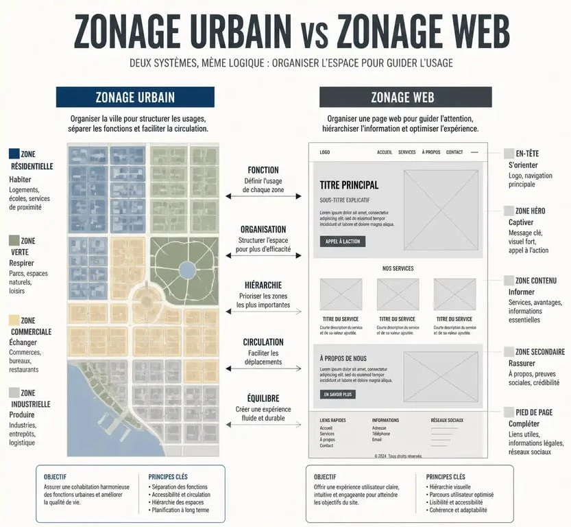Comparaison entre le zoning en urbanisme et le zoning web pour la conception d'interfaces