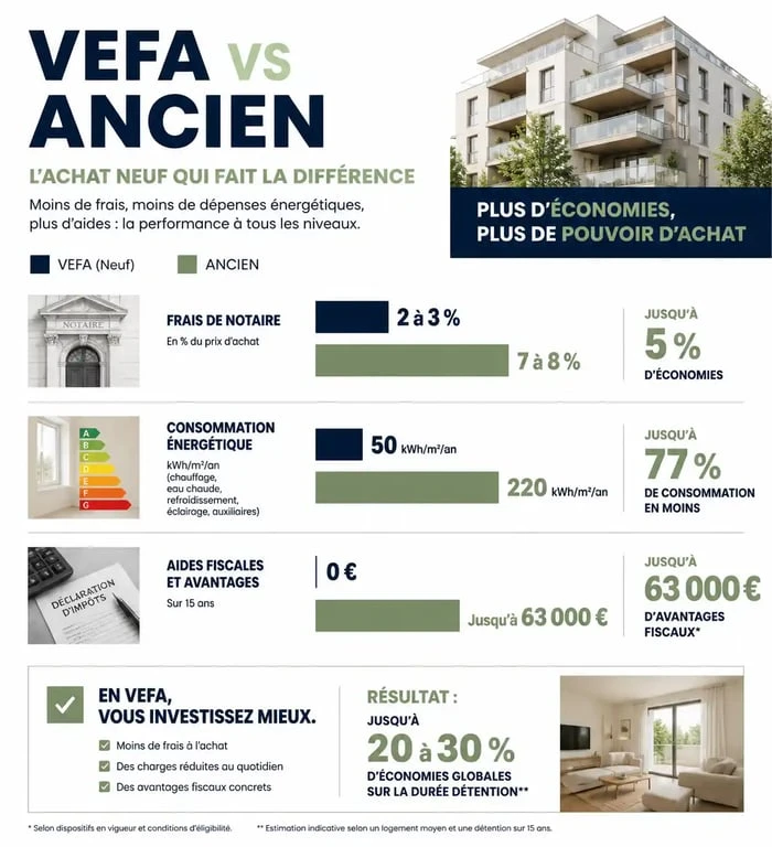 Infographie comparative des avantages financiers et énergétiques d'un achat en VEFA aujourd'hui