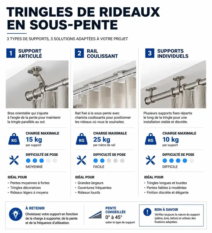 Comparatif des systèmes de tringle rideau sous pente : supports articulés, rails et clips individuels pour installation en combles.