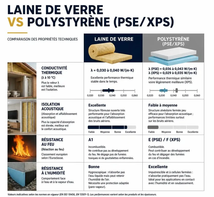 Tableau comparatif des performances techniques entre laine de verre et polystyrène pour l'isolation thermique