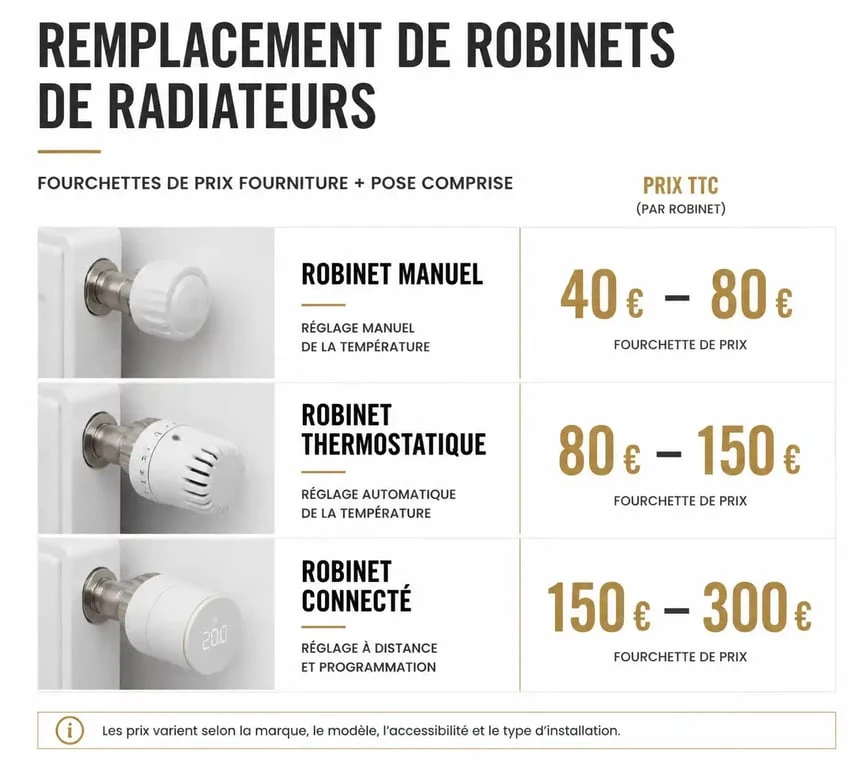 Récapitulatif des prix d'un plombier pour changer un robinet de radiateur selon le modèle