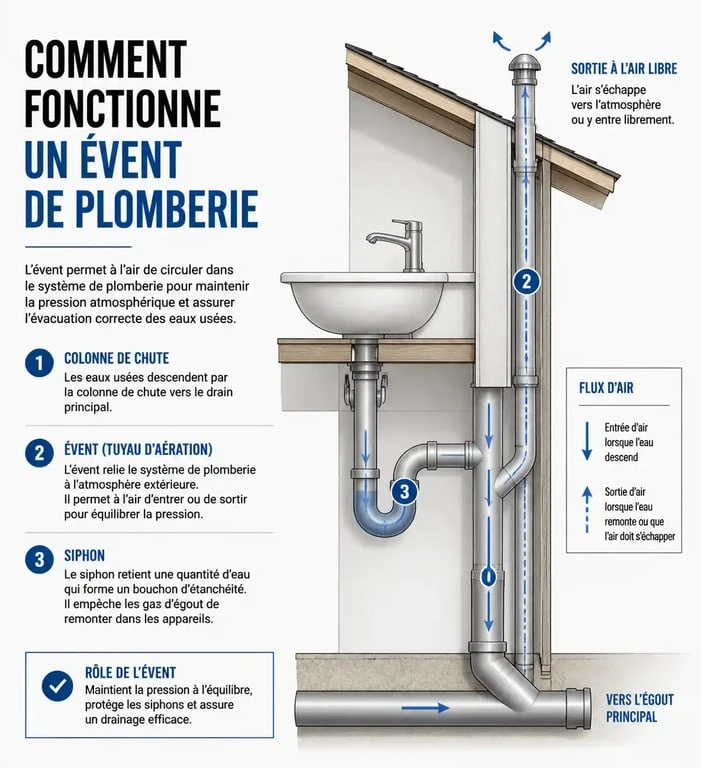 Schéma explicatif du fonctionnement d'un évent de plomberie et de la protection des siphons