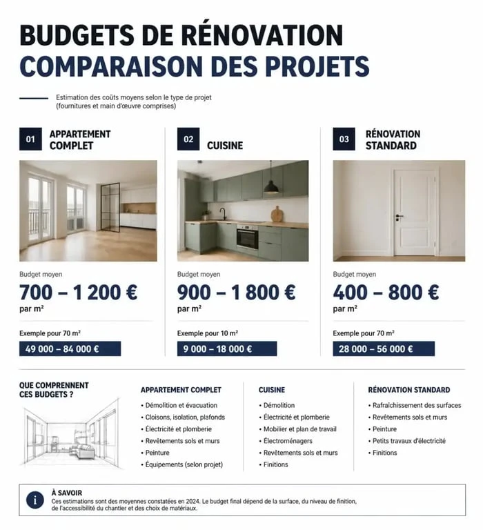 Tableau comparatif des budgets de rénovation Renovation Man pour différents projets immobiliers