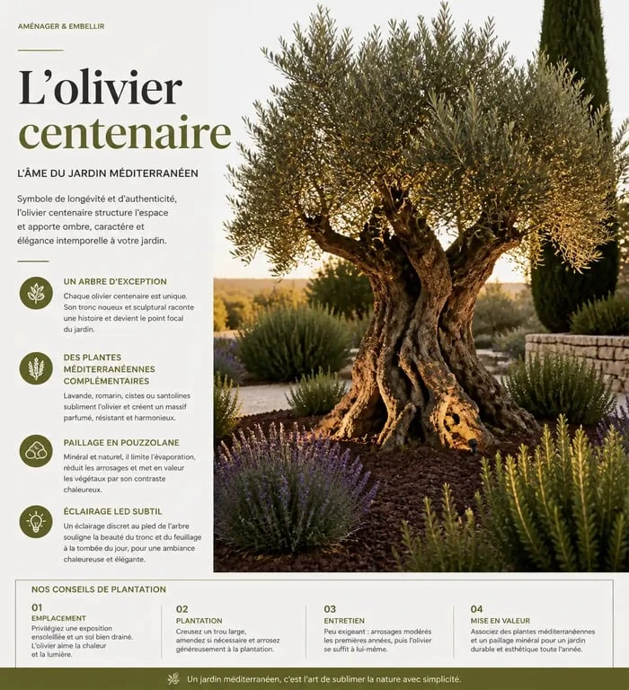 Aménagement d'un olivier dans un jardin méditerranéen avec plantes compagnes et paillage minéral