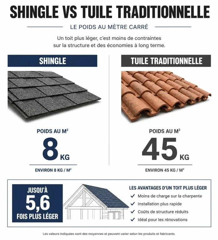 Comparatif poids au m2 shingle vs tuiles traditionnelles pour toiture