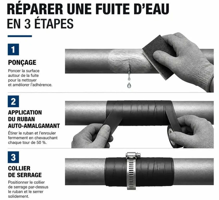 Schéma des étapes pour colmater une fuite d'eau sous pression sur une canalisation