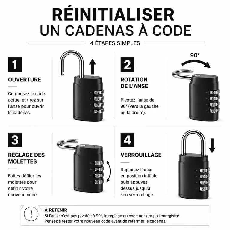 Infographie des étapes pour changer le code d'un cadenas