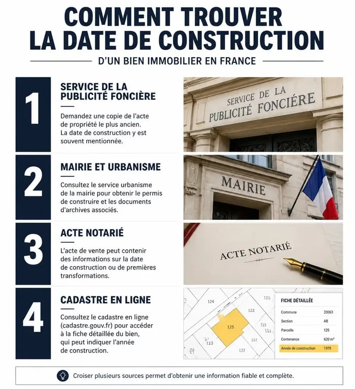 Infographie des étapes pour trouver la date de construction d'un bien immobilier en France
