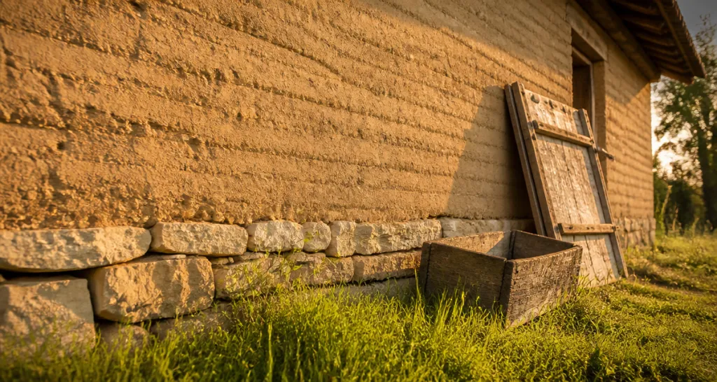 mur en pisé avec soubassement en pierre et herbe