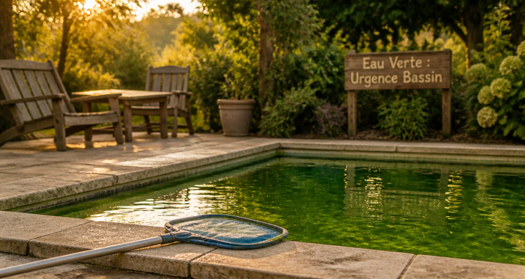 piscine algue verte avec épuisette et panneau urgence